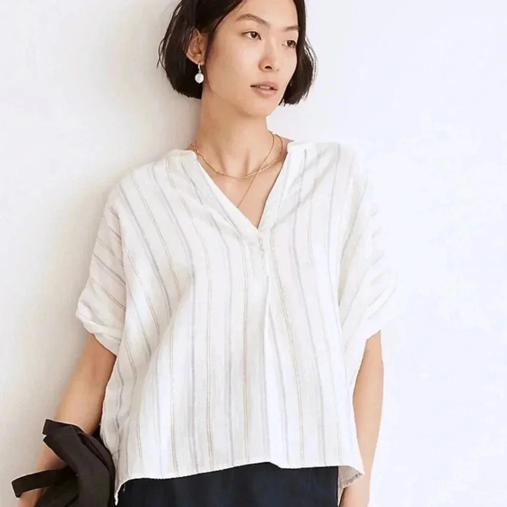 Madewell Lakeline Popover Shirt in Schulner Stripe Size XS Split Neck Gauze